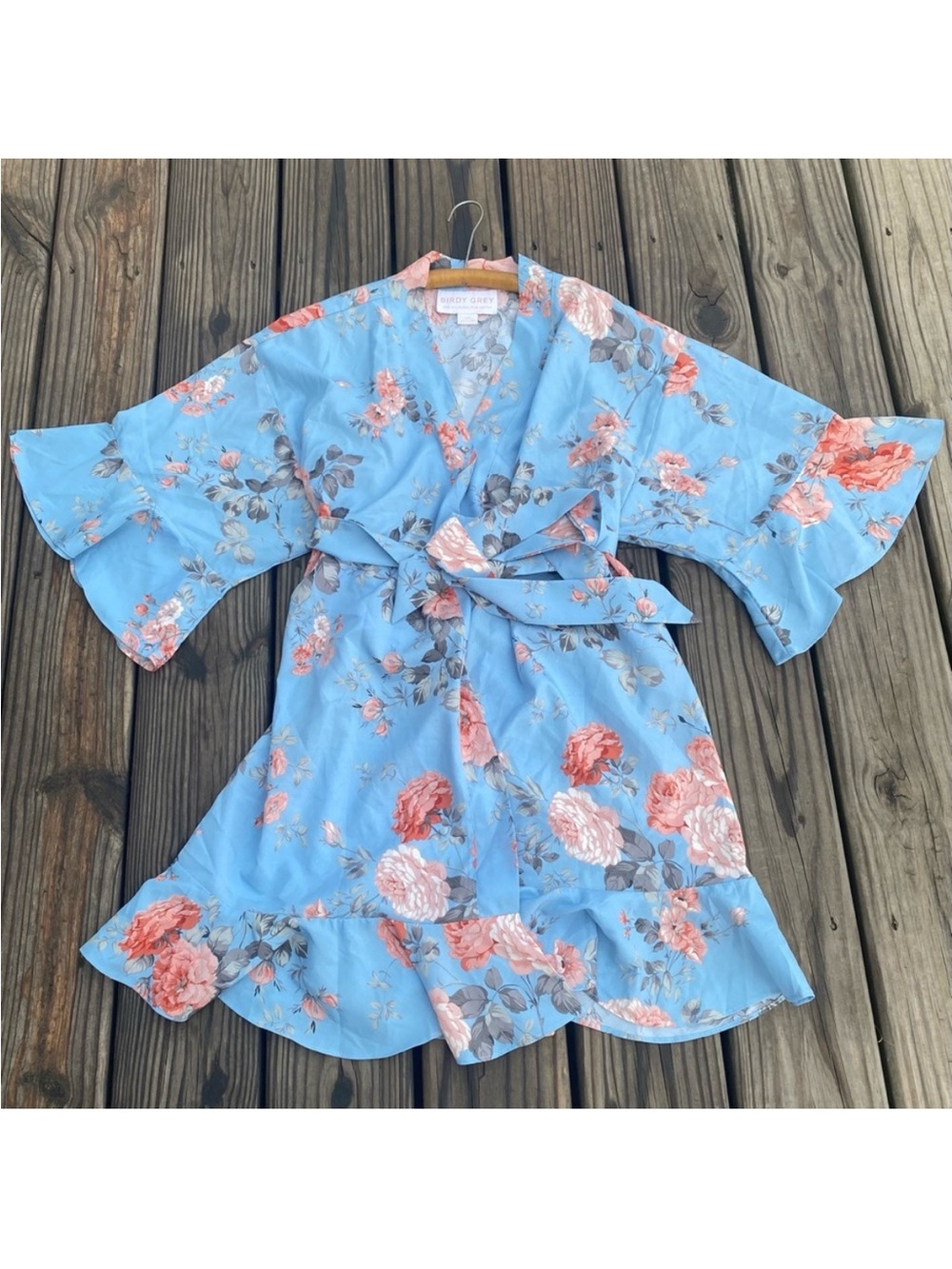 BIRDY GREY Dusty Blue Floral Kenny Ruffle Robe